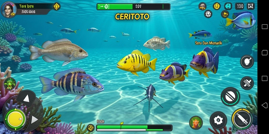 Tangkapan layar gameplay menampilkan aksi seru menembak ikan di CERITOTO.