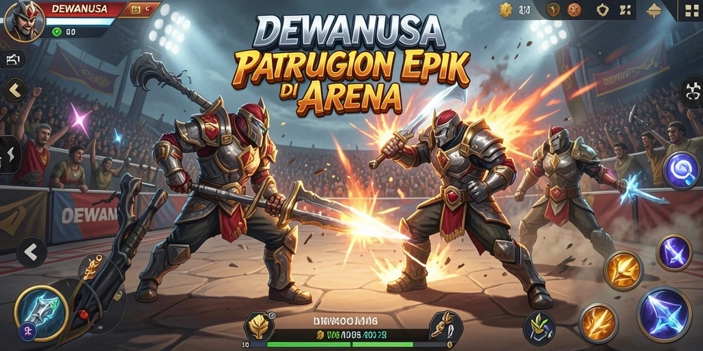 Screenshot gameplay DEWANUSA menampilkan karakter bertarung dengan dinamis di arena.