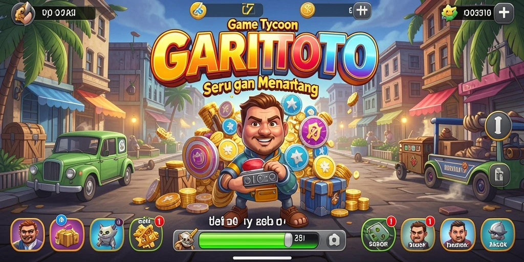Tampilan gameplay GARITOTO dengan berbagai elemen bisnis Tycoon.