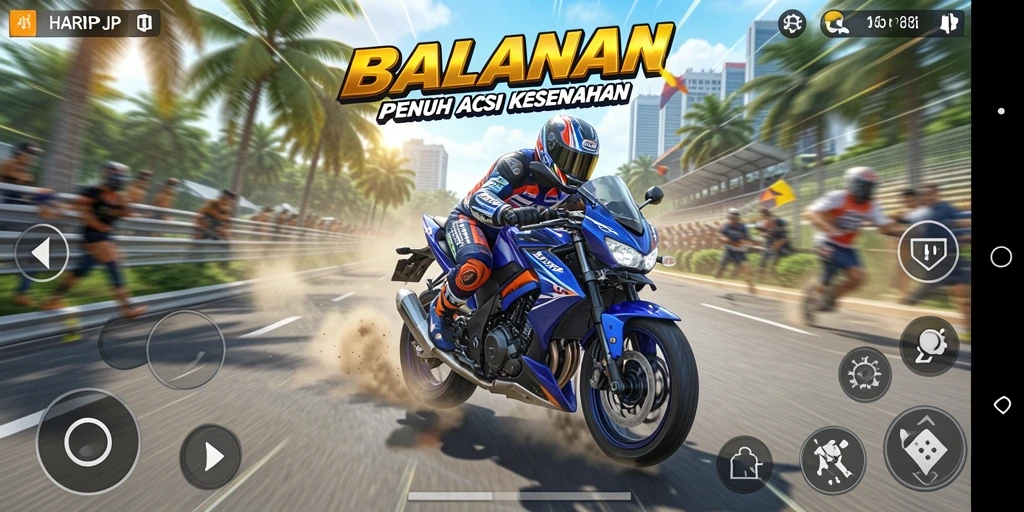 Screenshot gameplay HARAPJP dengan aksi balapan motor yang mendebarkan.