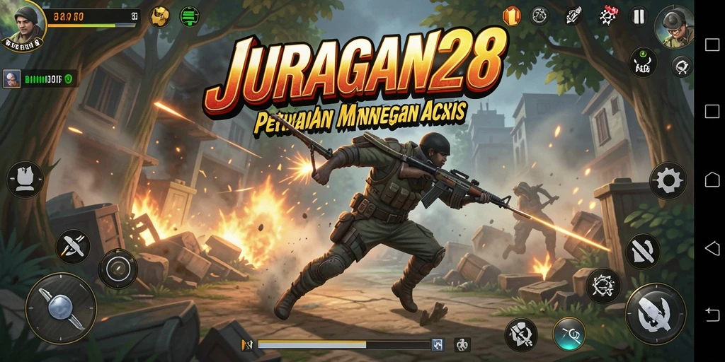 Screenshot utama JURAGAN28 menunjukkan aksi pertempuran yang mendebarkan.