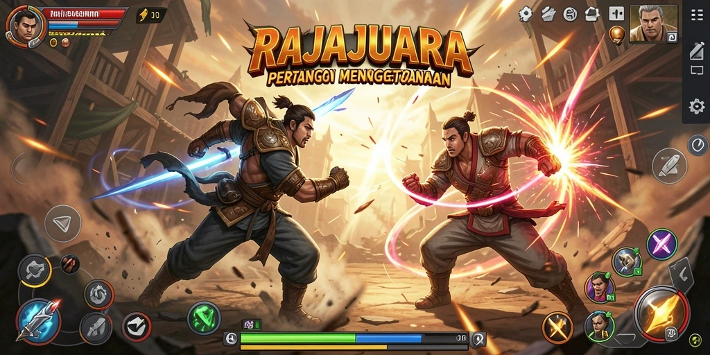 Tangkapan layar RAJAJUARA menampilkan aksi bertarung yang mendebarkan.