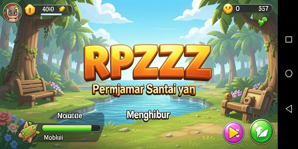 Screenshot gameplay RPZZZ dengan karakter lucu dan level berwarna-warni.