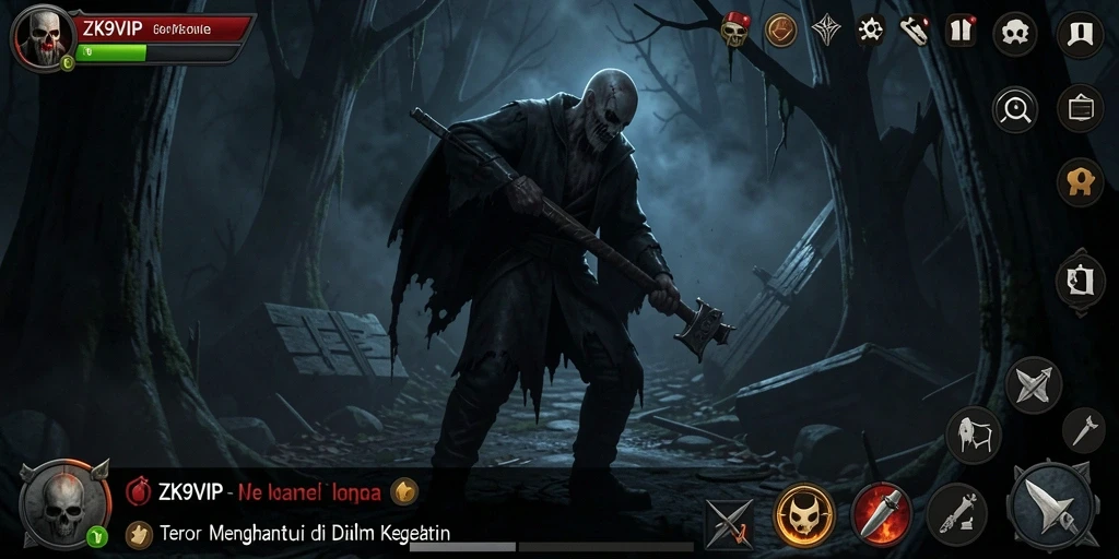 Screenshot gameplay ZK9VIP yang mengungkapkan atmosfer horror yang mencekam.